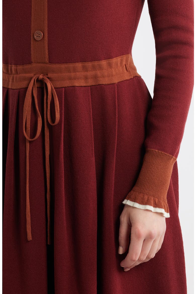 Tipped Long Sleeve Drawstring Waist Sweater Dress, Alternate, color, WINE/ CAMEL