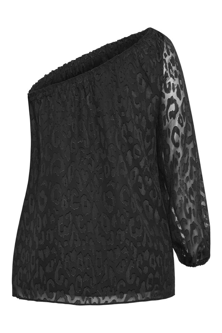 Jojo Leopard Jacquard One-Shoulder Top, Alternate, color, BLACK