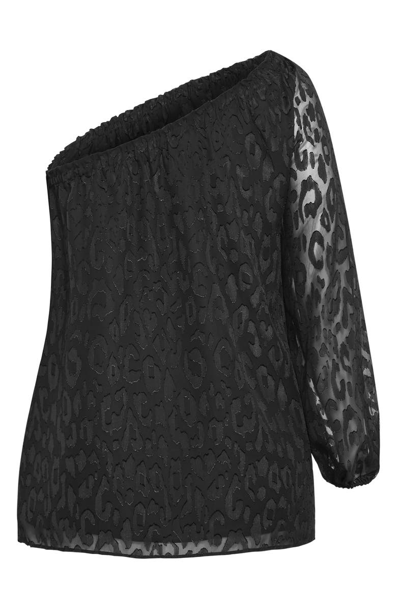 City Chic Jojo Leopard Jacquard One-Shoulder Top, Alternate, color, Black