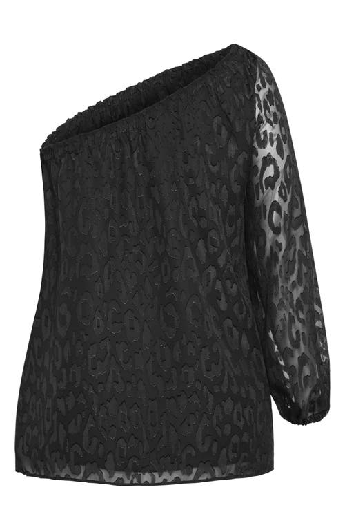 City Chic Jojo Leopard Jacquard One-shoulder Top In Black
