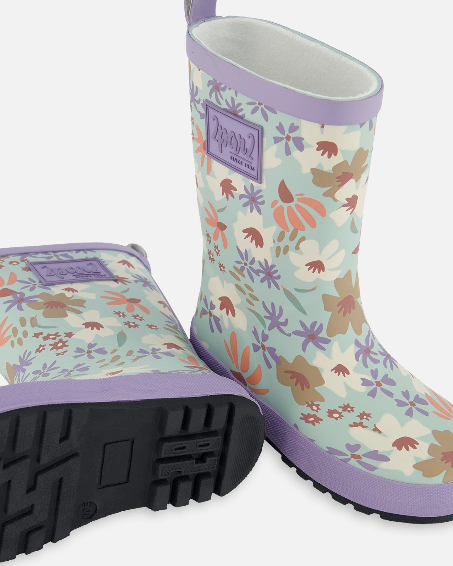Deux par Deux Girl's Printed Rain Boots Small White Flowers On Turquoise And Lilac, Alternate, color, 