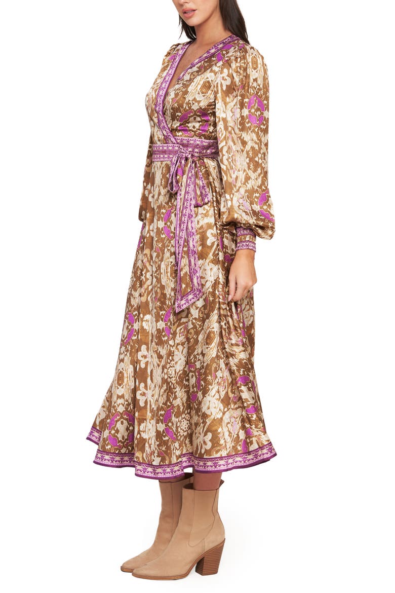 Long Sleeve Wrap Midi Dress, Alternate, color, BROWN