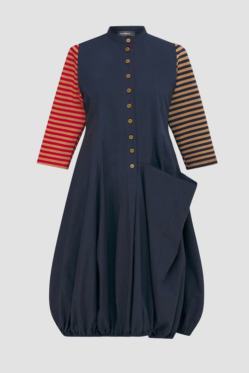Alembika Mixed Media Shirt Dress With Balloon Skirting In Navy/red/camel