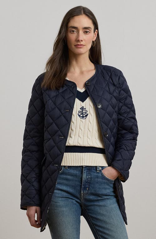 Ralph Lauren Lauren Contrast Lining Quilted Puffer Jacket In Dark Navy