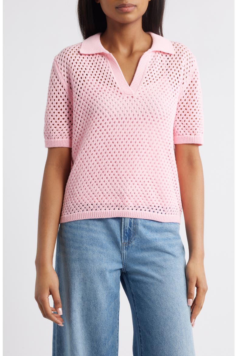 Tae Short Sleeve Open Knit Polo Sweater, Main, color, PETAL PINK