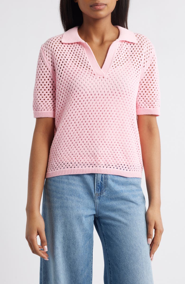 beachlunchlounge Tae Short Sleeve Open Knit Polo Sweater, Main, color, Petal Pink