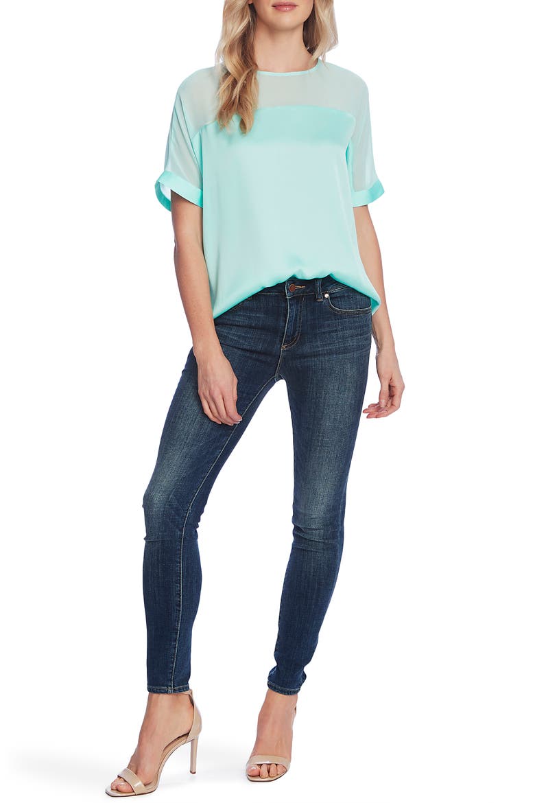 Chiffon Yoke Charmeuse Top, Alternate, color, AQUA ICE