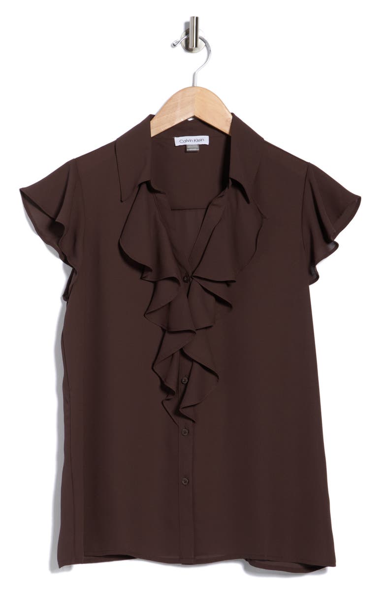 Calvin Klein Cap Sleeve Ruffle Front Button-Up Shirt, Alternate, color, Coffee Bean