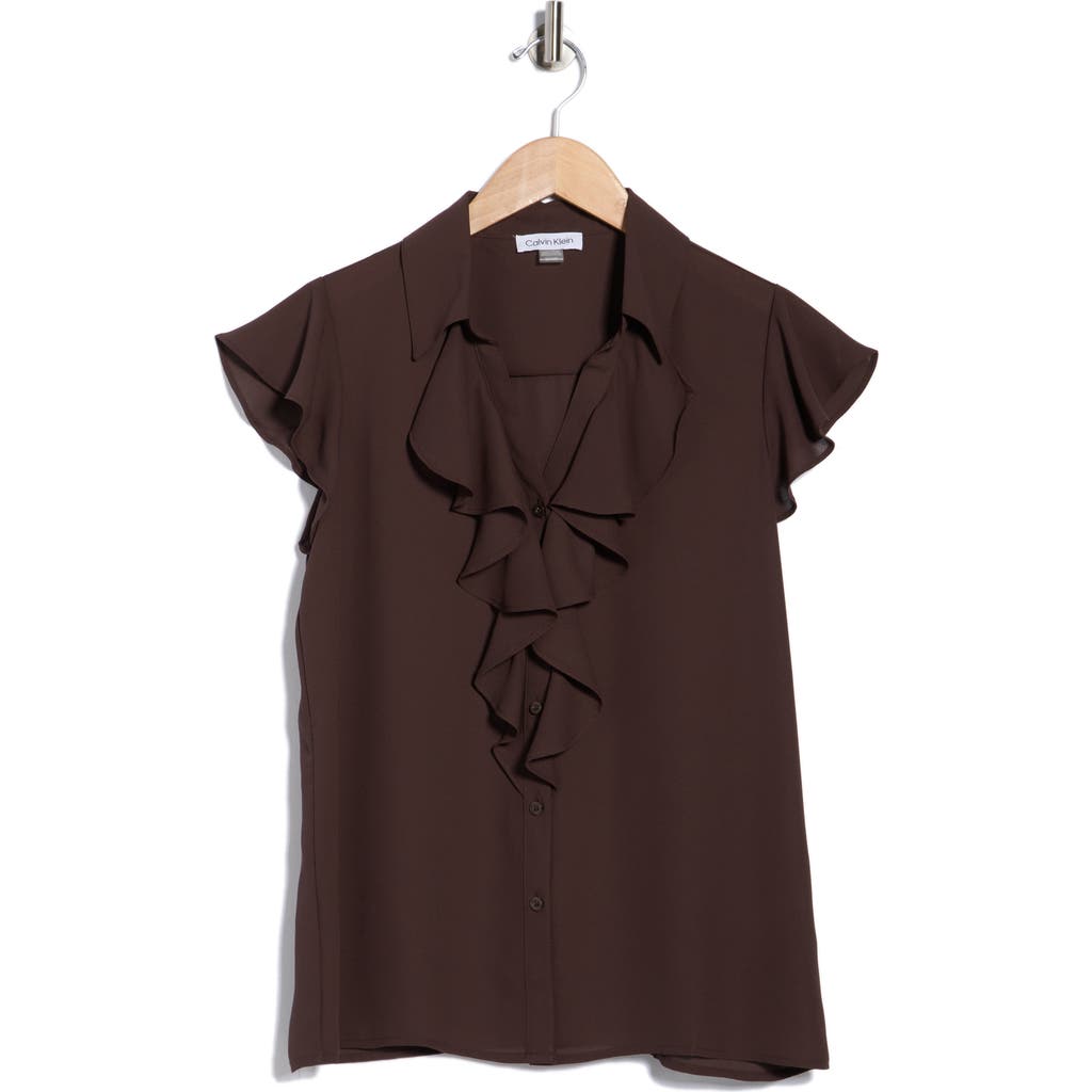 Calvin Klein Cap Sleeve Ruffle Front Button-up Shirt In Brown
