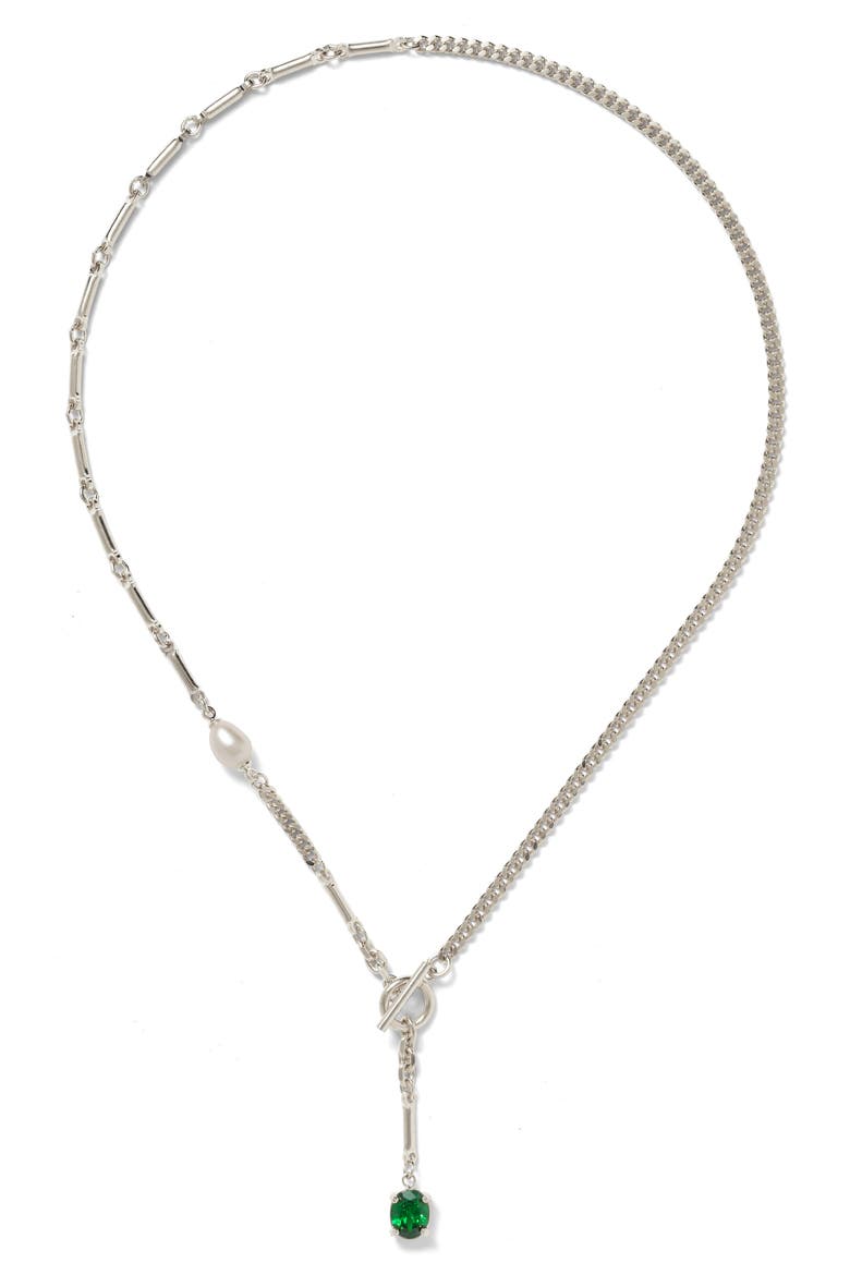 Aria Freshwater Pearl & Cubic Zirconia Toggle Necklace, Main, color, SILVER/ GREEN