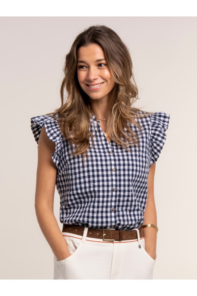 Bia Gingham Flutter Sleeve Blouse, Main, color, Navy