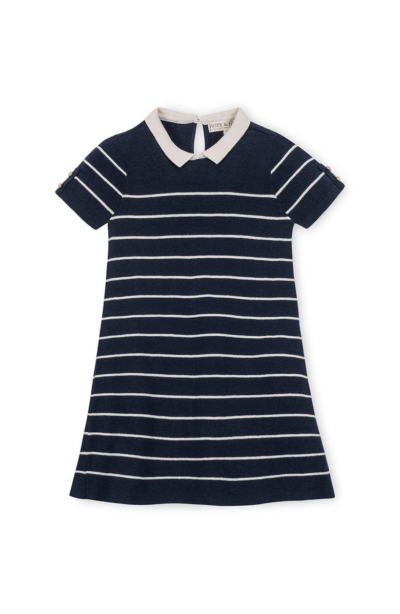Hope & Henry Kids' Organic Short Sleeve Milano Sweater Dress with Collar, Main, color, Navy Breton Stripe
