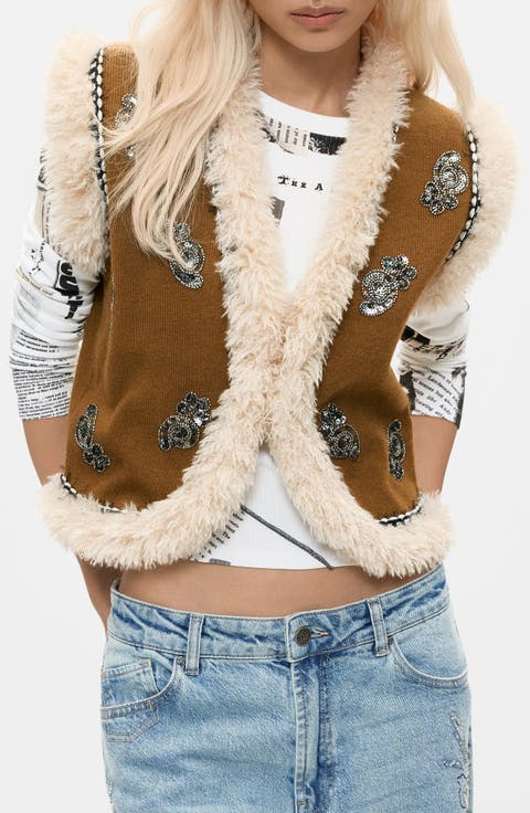 Bead Detail Faux Fur Trim Vest