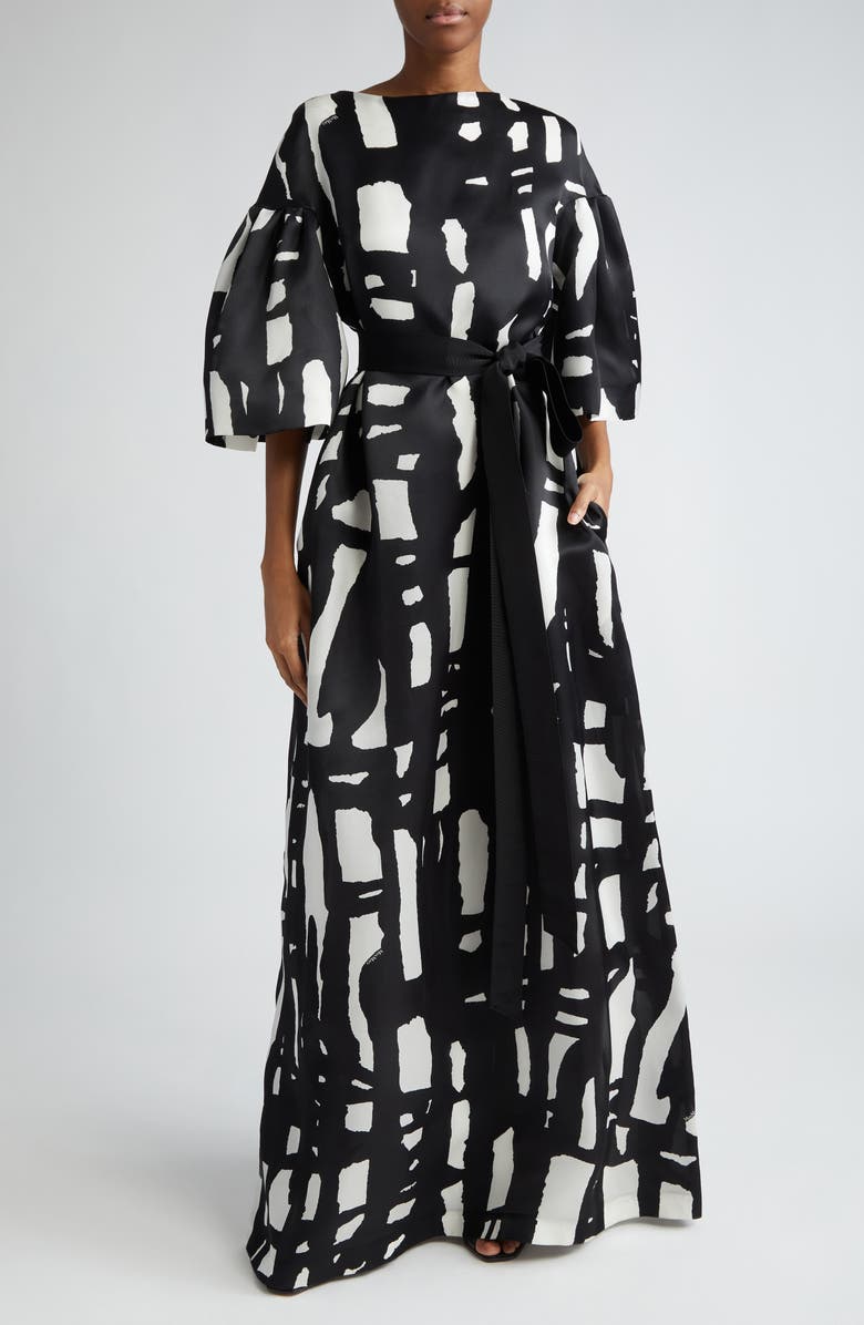 Max Mara Rubiera Abstract Print Belted Silk Satin Gown, Main, color, 