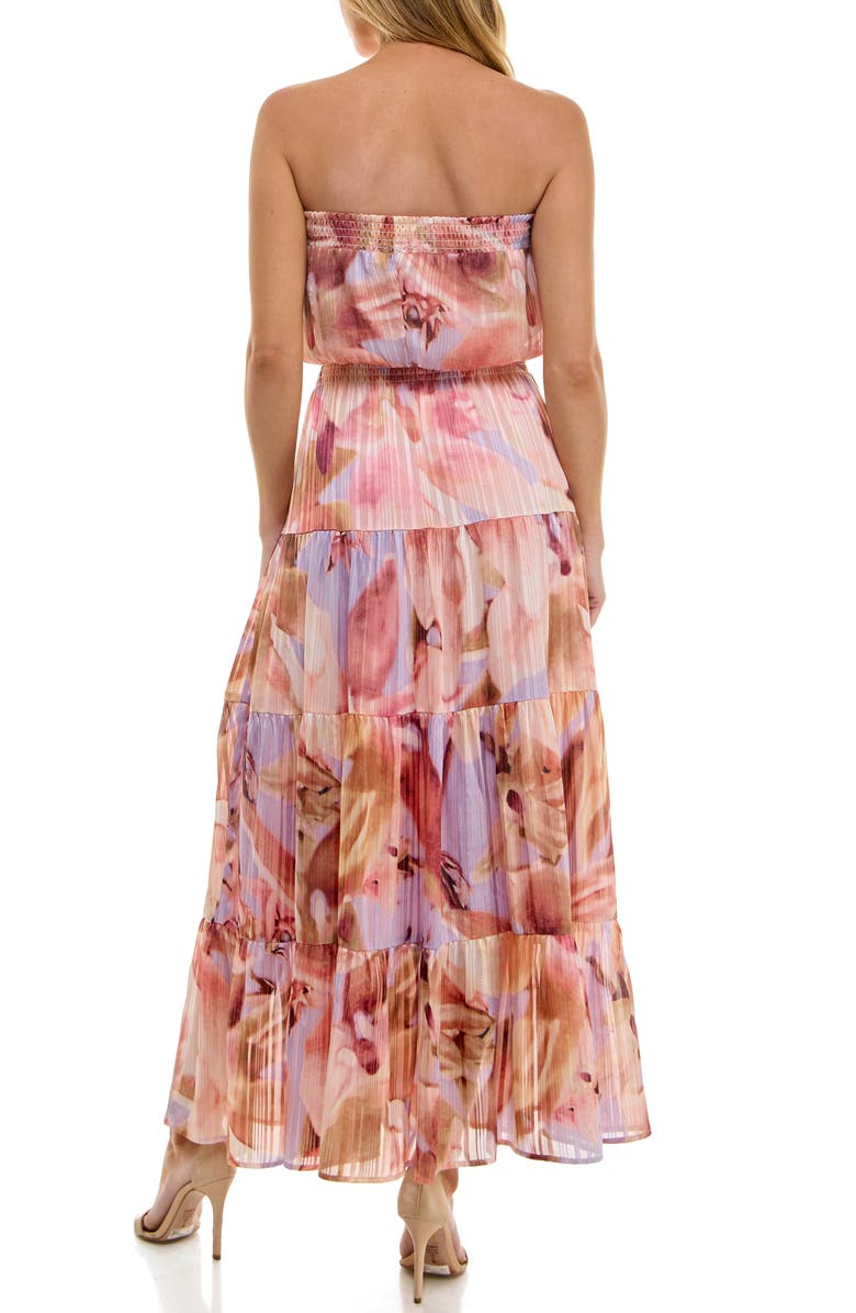 Socialite Metallic Floral Strapless Tiered Maxi Dress, Alternate, color, Lavender/ Coral