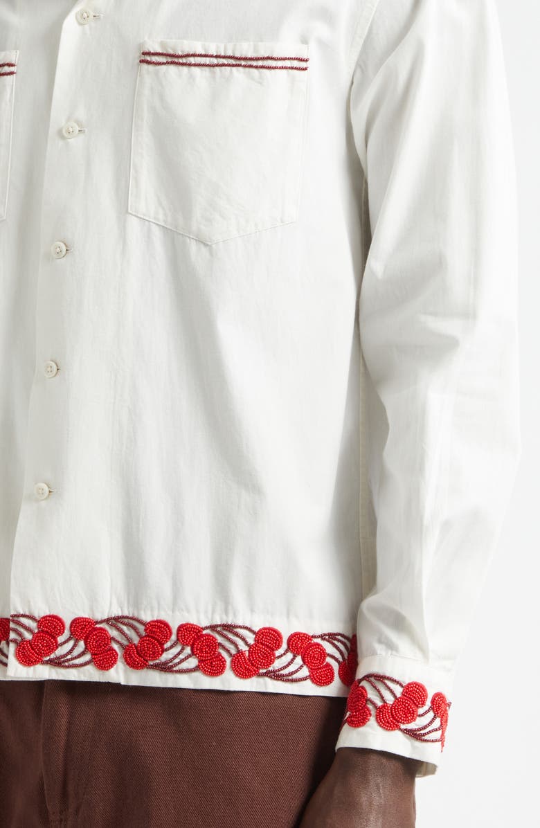 Bode Cherry Lane Beaded Cotton Poplin Button-Up Shirt, Alternate, color, White