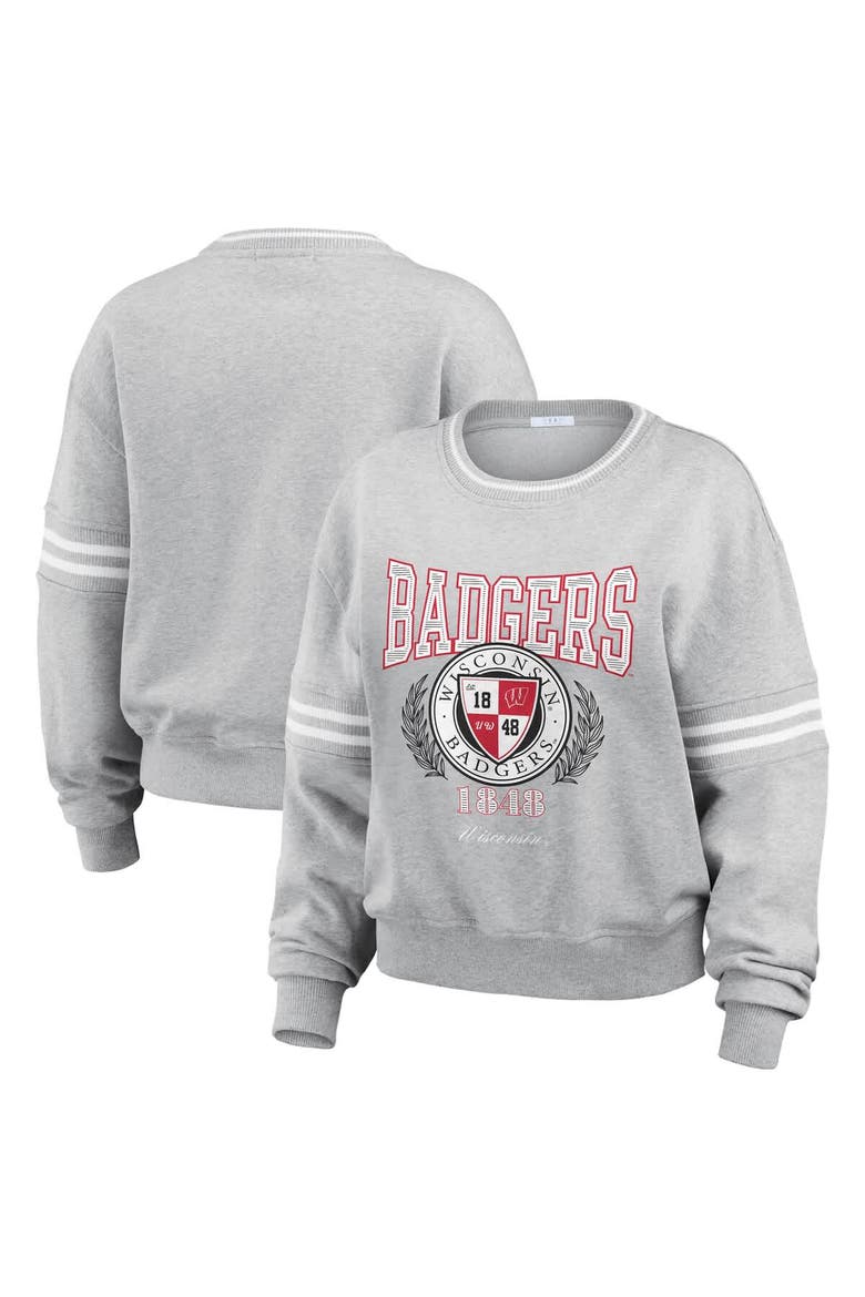 Women's WEAR by Erin Andrews Heather Gray Wisconsin Badgers Classic Stripe Pullover Sweater, Main, color, Heather Gray