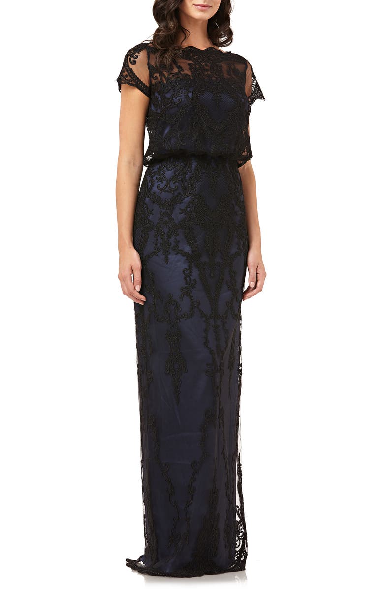 JS Collections Scallop Embroidered Blouson Evening Dress, Main, color,