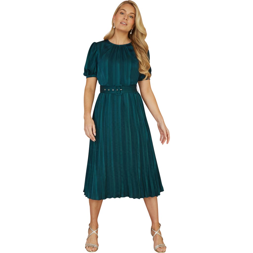 Yumi Satin Pleated Stripe Midi Dress In Green
