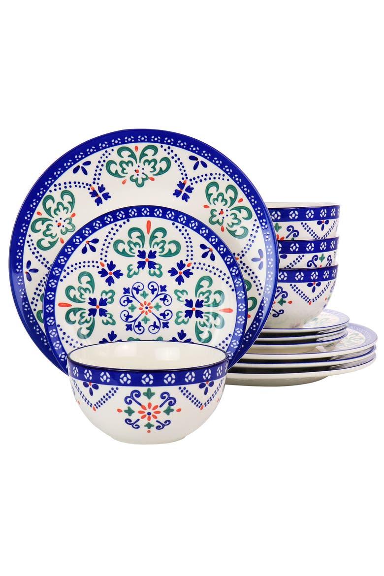 California Designs Tierra Star 12 piece Hand Painted Dinnerware Set, Main, color, Blue