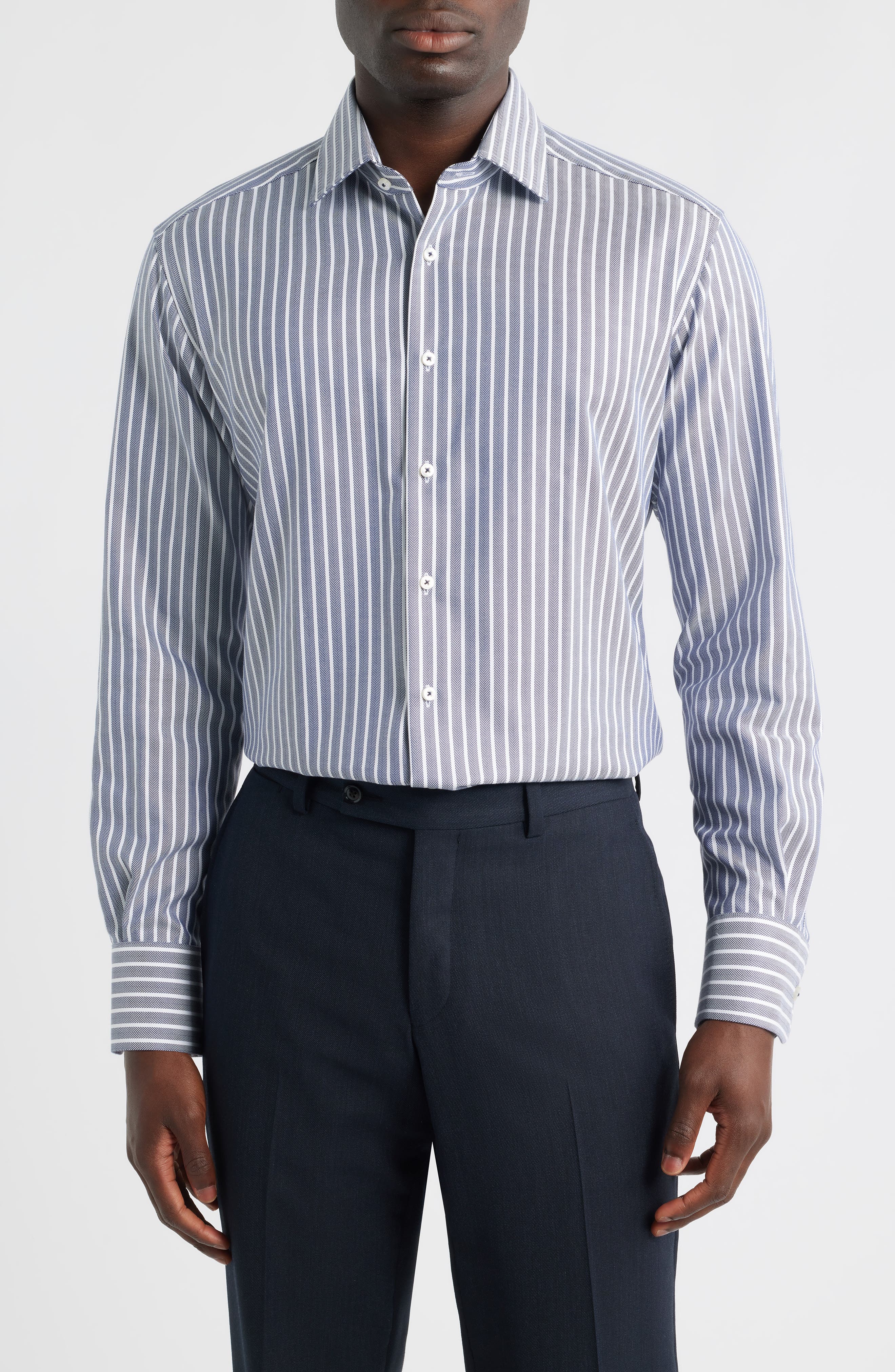 Modern Fit Stripe Non-Iron Cotton Herringbone Dress Shirt
