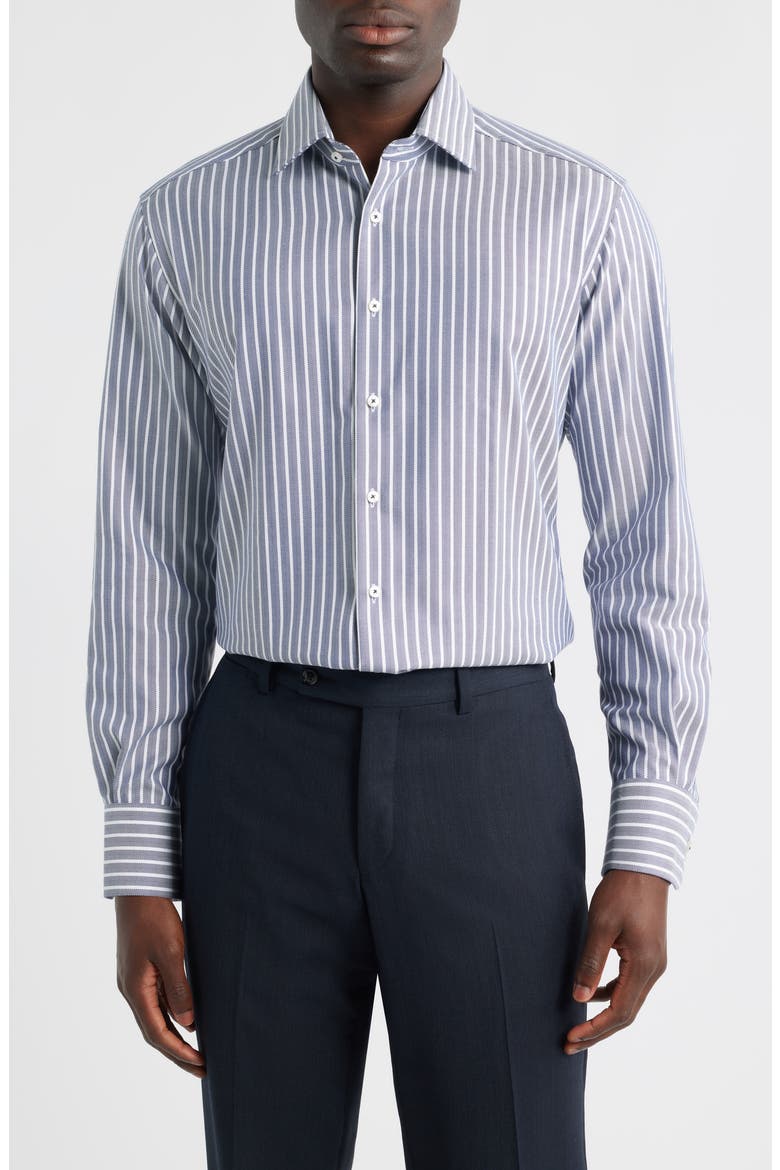 Modern Fit Stripe Non-Iron Cotton Herringbone Dress Shirt, Main, color, BLUE GREY