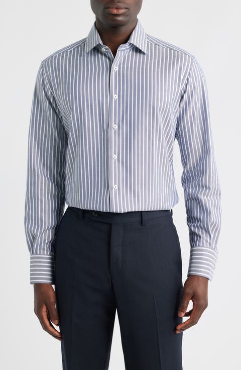 Modern Fit Stripe Non-Iron Cotton Herringbone Dress Shirt (Regular & Big)