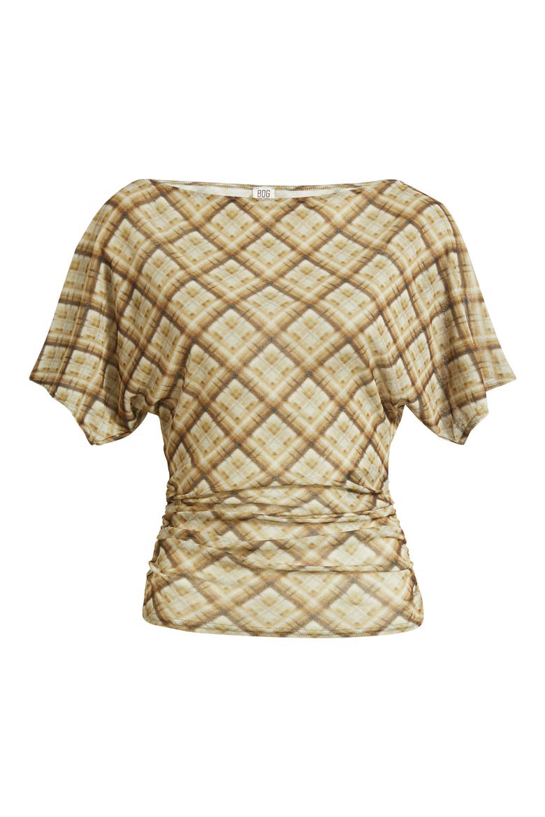 Slash Neck Ruched Mesh Top, Main, color, GREEN CHECK