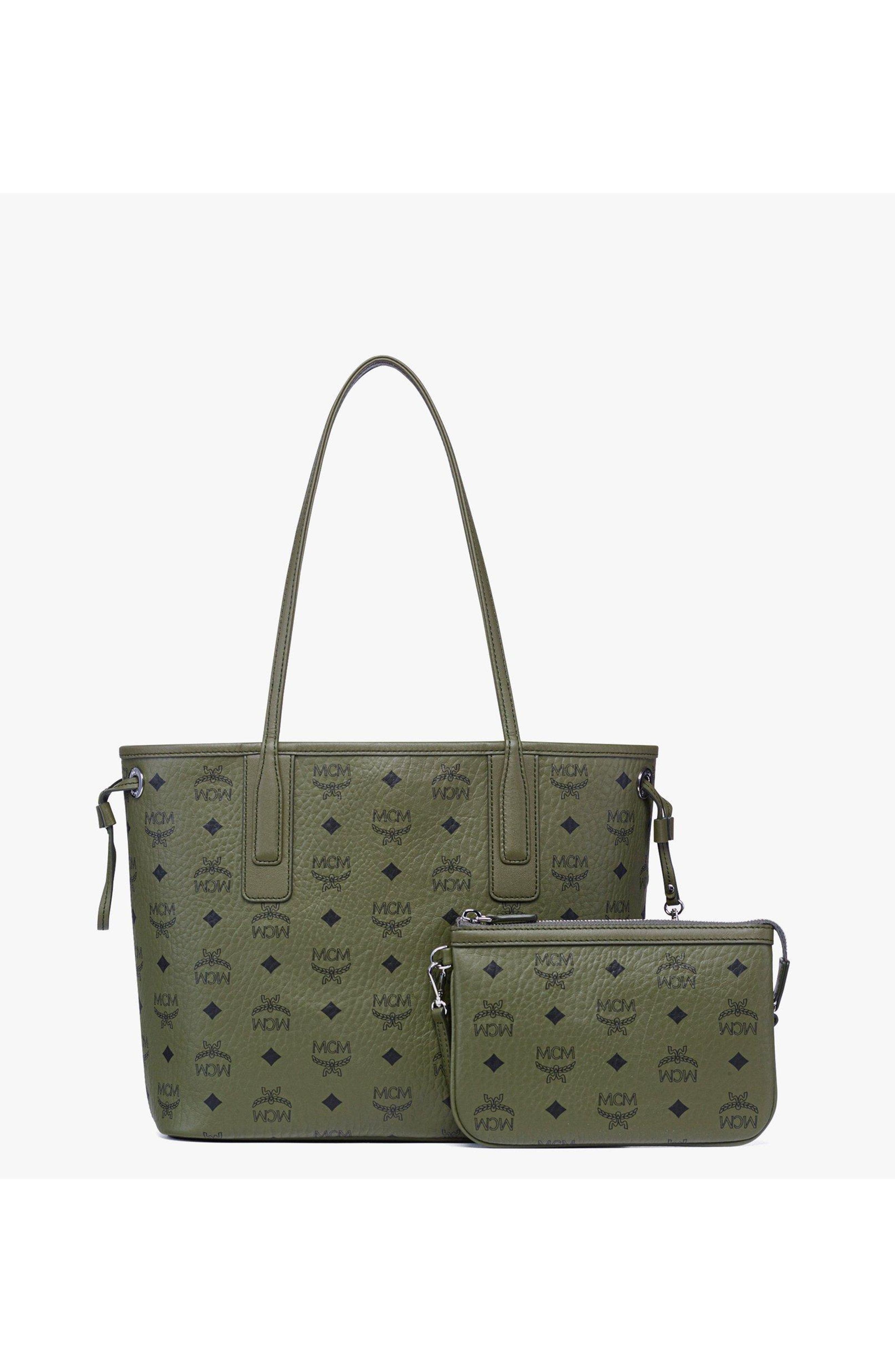 MCM Small Liz Shopper in Visetos, Alternate, color, Khaki Moss