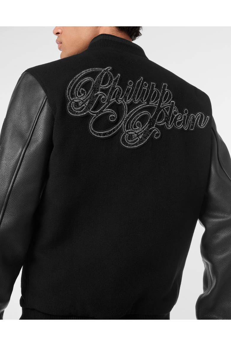 Wool &Amp; Leather Varsity Bomber Jacket Patches Stones Men, Alternate, color, black