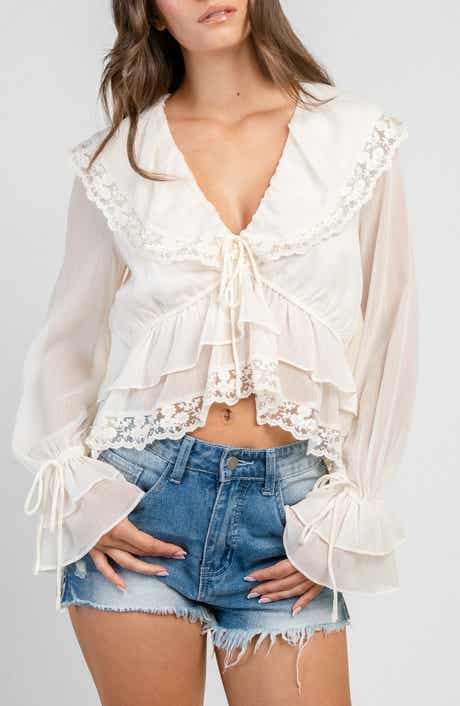 Ruffled Embroidered Long Sleeve Top