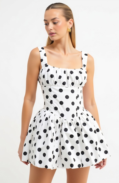 Modenaire Polka Dot Gathered Bust Flared Corset Bodice Mini Dress In White