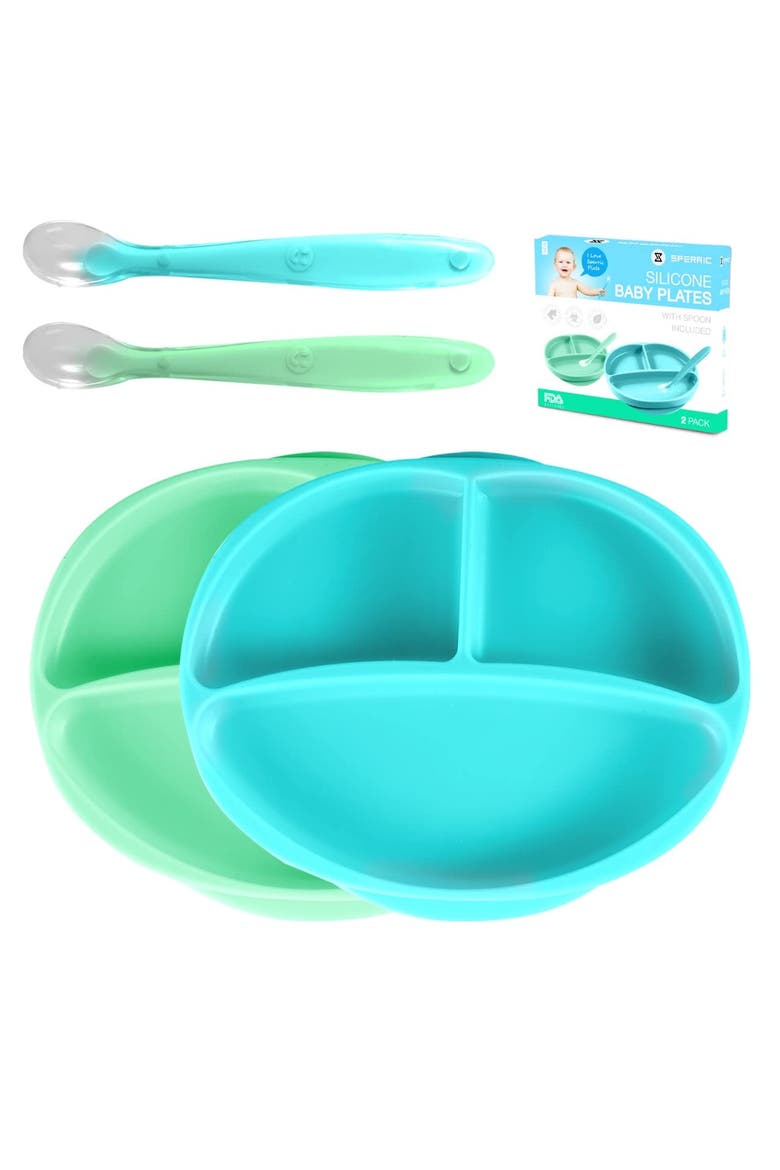 Silicone Suction Divided Plate and Spoon Toddler Training Self Feeding Set, 2-Pack, Main, color, Blue & Light Green