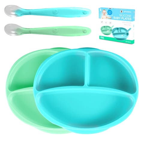 Silicone Suction Divided Plate and Spoon Toddler Training Self Feeding Set, 2-Pack