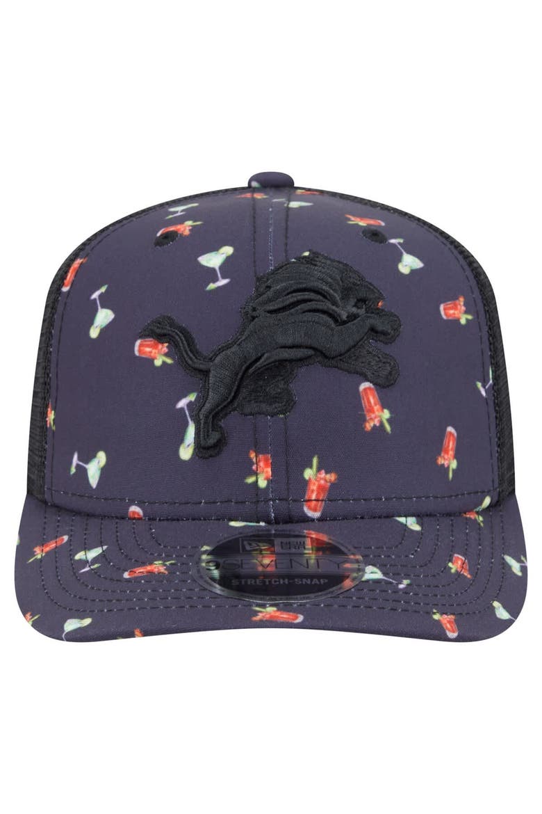 Men's New Era  Navy/Black Detroit Lions Adventure Drinks Pattern 9SEVENTY Stretch-Snap Hat, Alternate, color, Navy