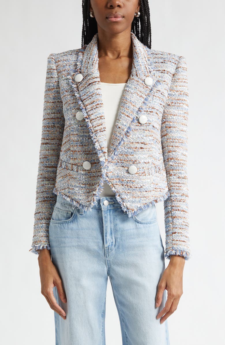 L'AGENCE Marv Boxy Tweed Jacket, Main, color, Blue/ Beige Tweed
