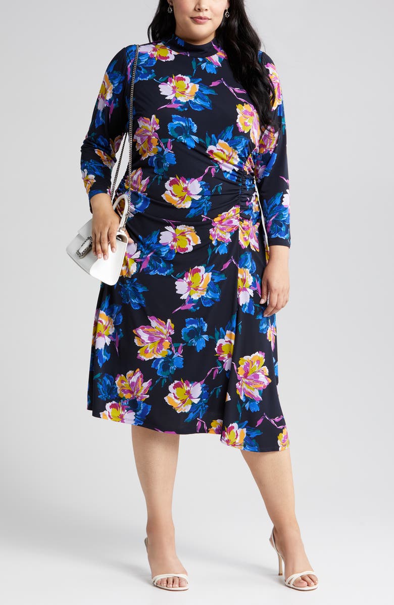 Maggy London Floral Print Ruched Mock Neck Long Sleeve Dress, Main, color,