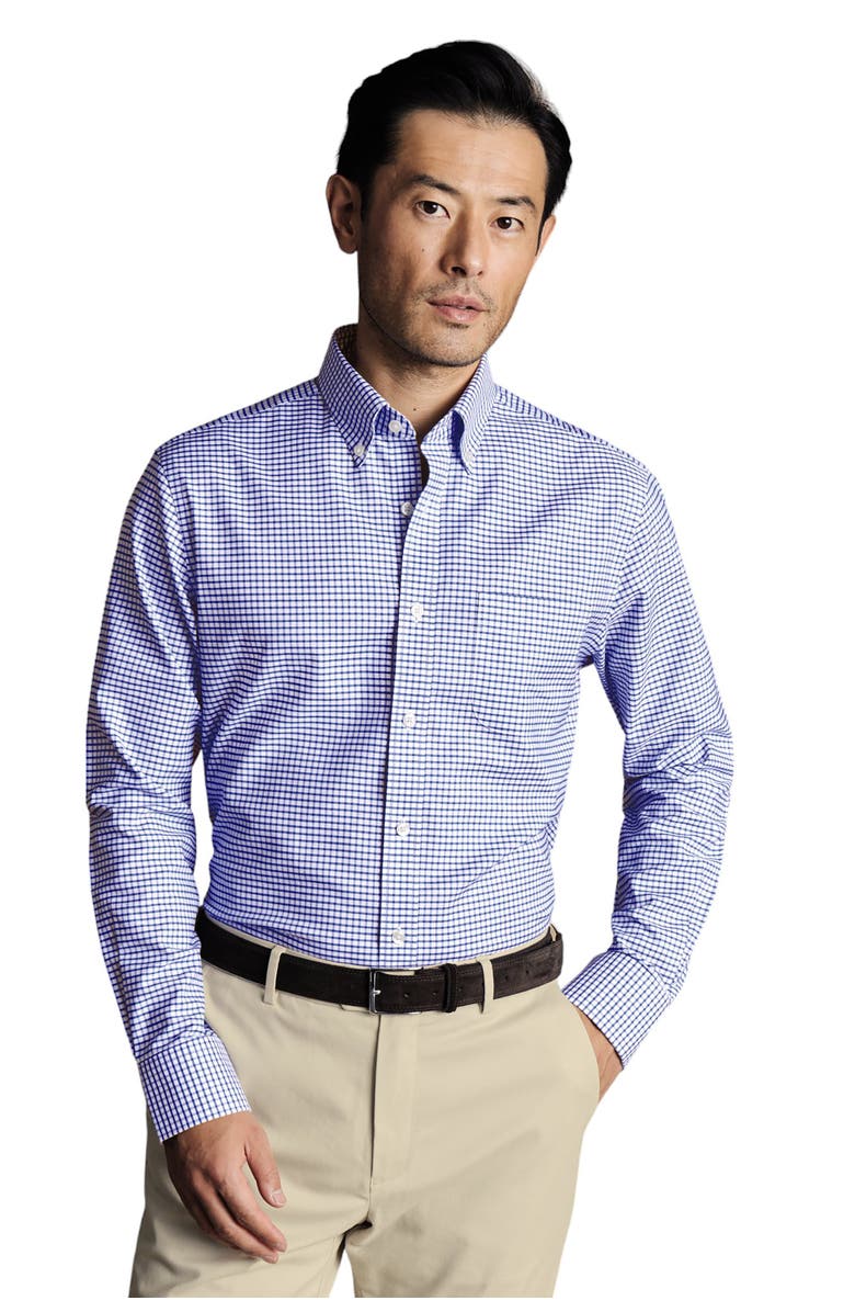 Charles Tyrwhitt Slim Fit Button-Down Collar Non-Iron Stretch Check Oxford Shirt, Main, color, Cornflower Blue