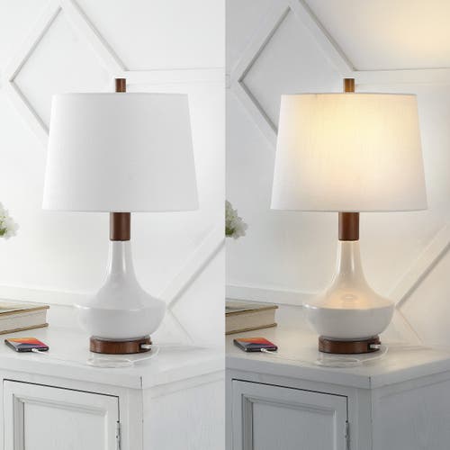 Jonathan Y Finn 23" Vintage Minimalist Iron/ceramic Led Mini Table Lamp With Usb Charging Port, Wood In White/brown Wood Finish