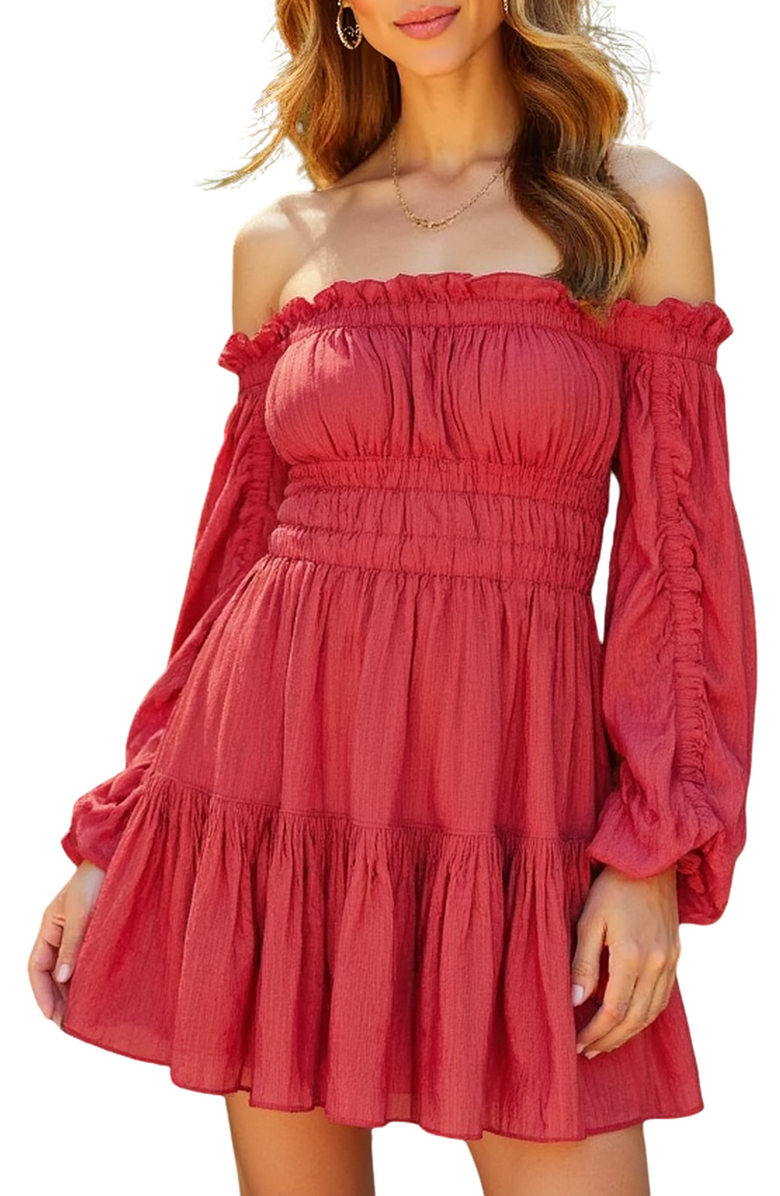 Knit and Lounge Off-Shoulder Smocked Mini Dress with Puff Sleeves, Alternate, color, 