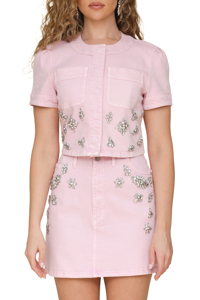 Rhinestone Embellished Short Sleeve Denim Shirt, Main, color, BALLERINA