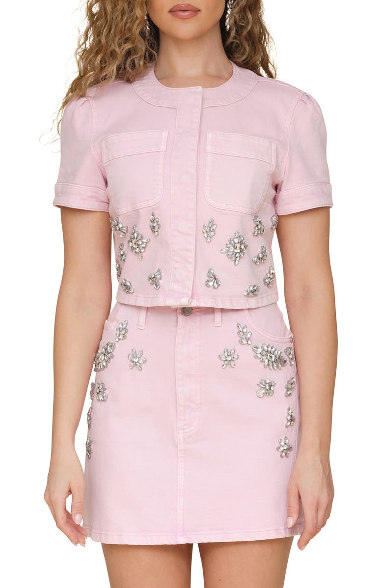 Avec Les Filles Rhinestone Embellished Short Sleeve Denim Shirt, Main, color, Ballerina