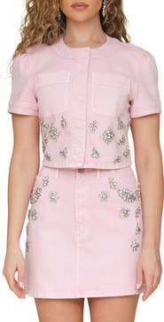 Avec Les Filles Rhinestone Embellished Short Sleeve Denim Shirt