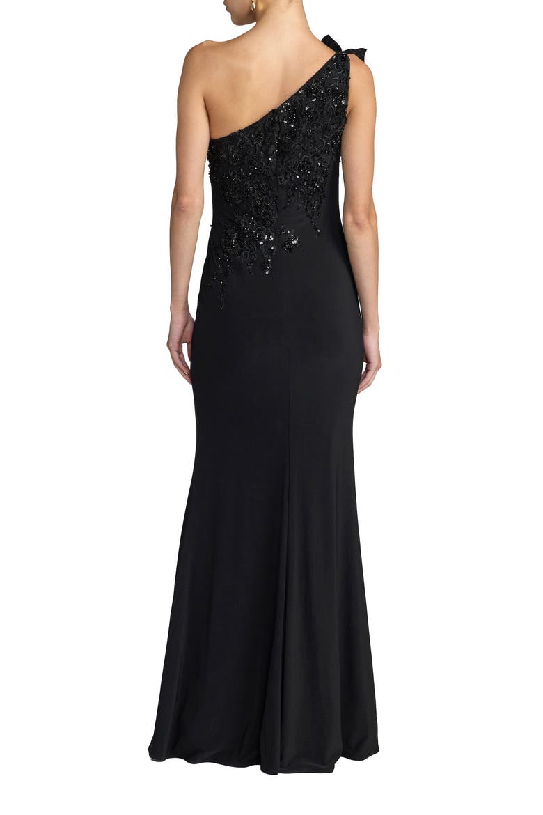 Embroidered Jersey One Shoulder Gown with 3D Flower, Alternate, color, Black