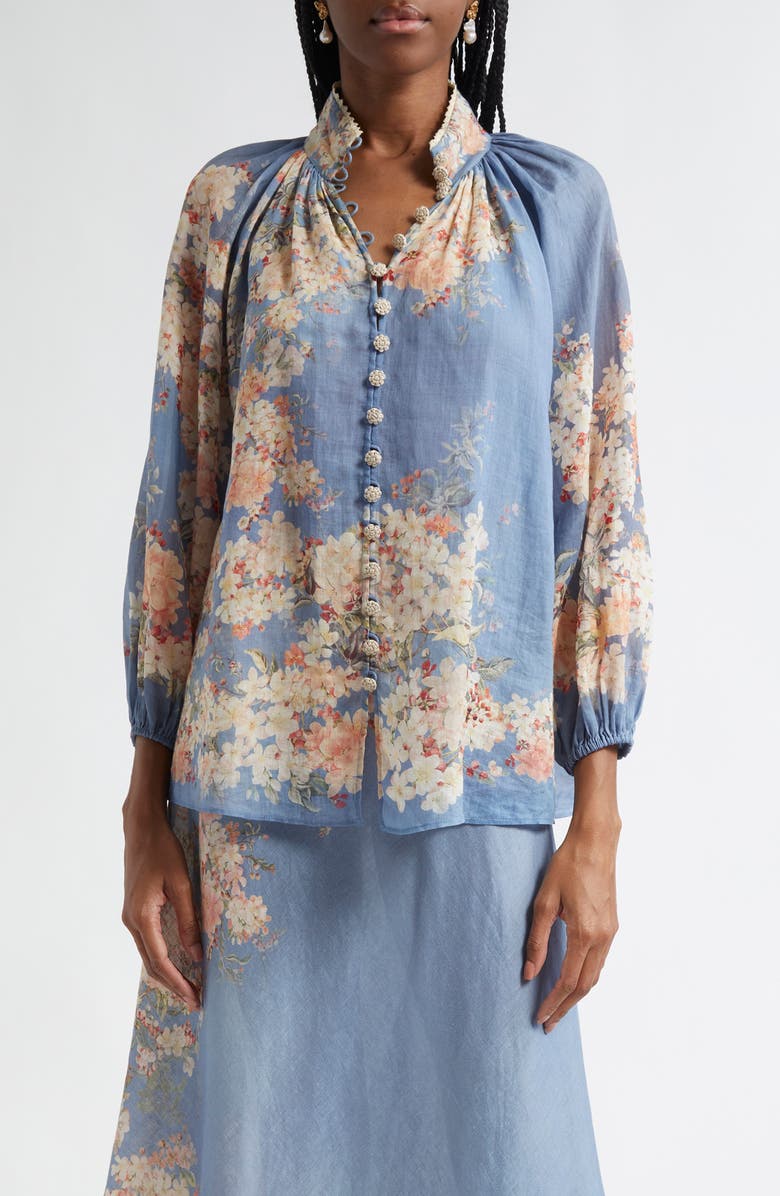 Zimmermann Cascadian Billow Linen Button-Up Shirt, Main, color, Blue Botanical Floral