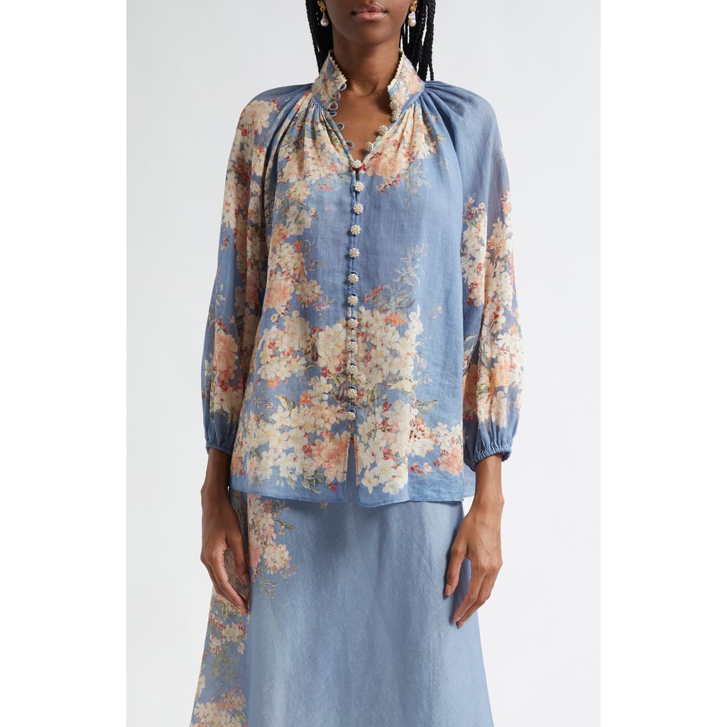 Zimmermann Womens Teal Blue Botanical Cascadian Billow Floral Woven Blouse In Multi