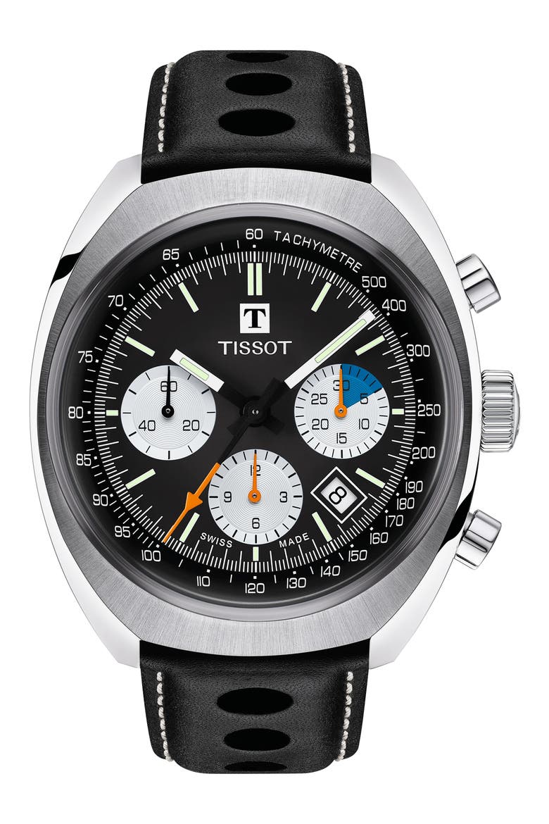 Heritage 1973 Nav Chronograph Leather Strap Watch, 43mm, Main, color, BLACK