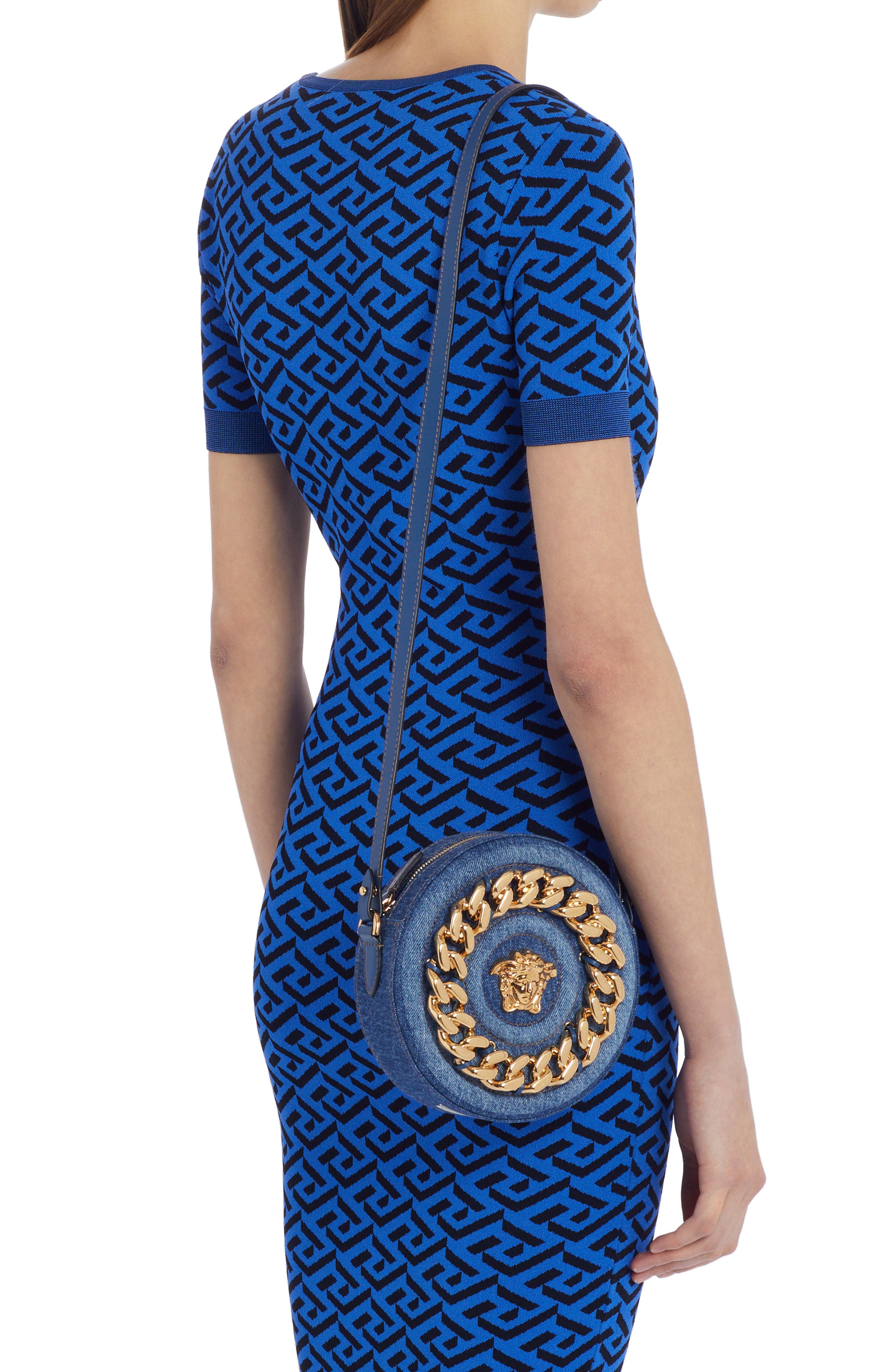 La Medusa Chain Round Denim Crossbody Camera Bag, Alternate, color, NAVY BLUE-VERSACE GOLD