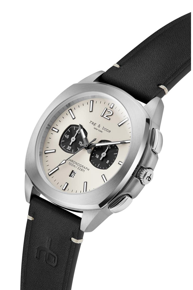 Bleeker Chronograph Leather Strap Watch, 42mm, Alternate, color, BLACK