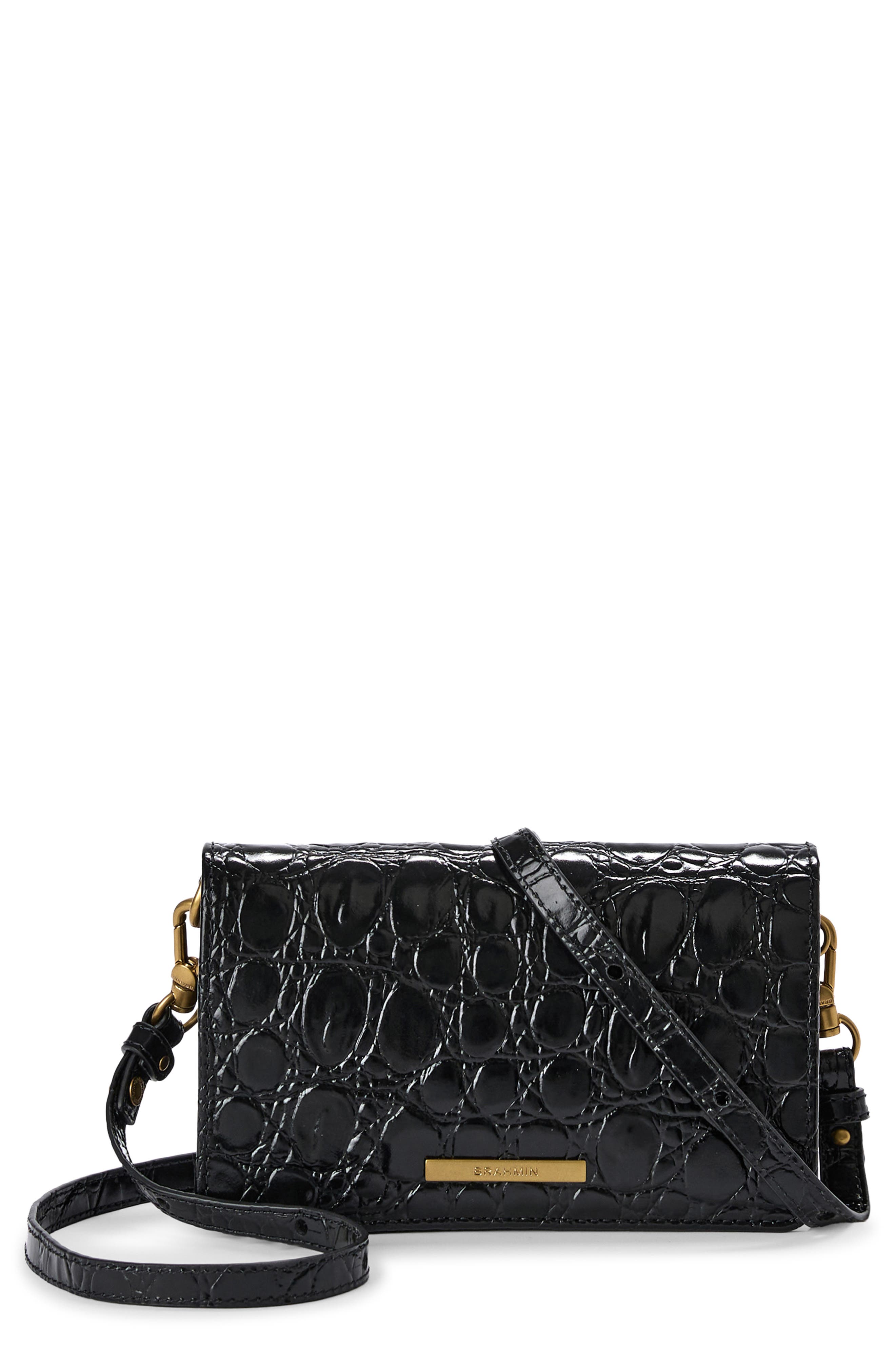 Brahmin Minuette Croc Embossed Leather Crossbody Bag, Main, color, Black